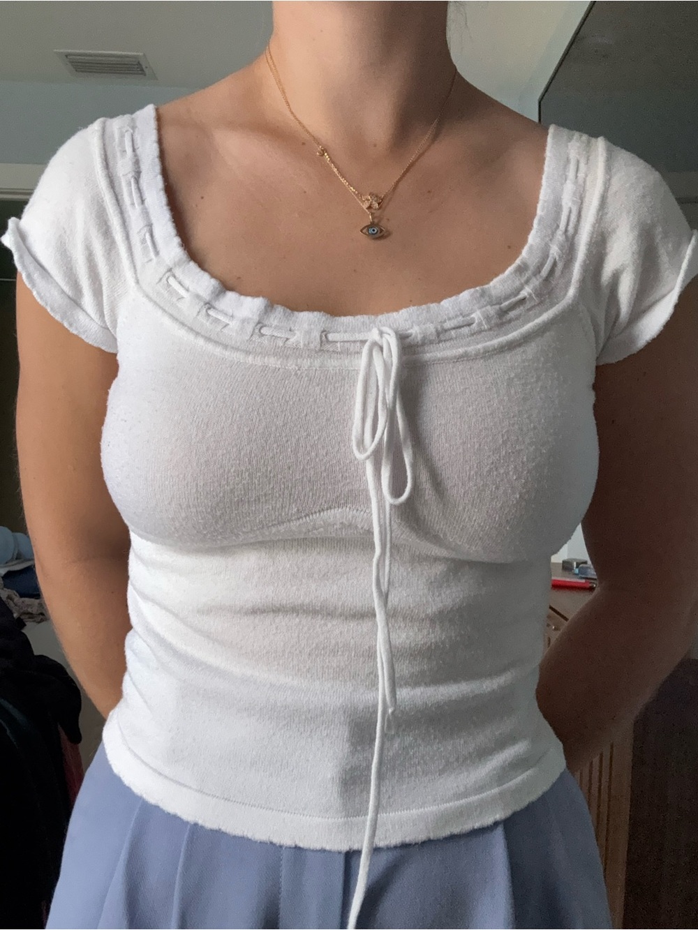 RIHOAS White Square-Neck Tie-Front Knit Crop Top